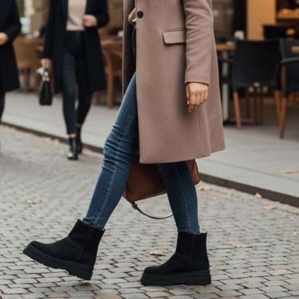 Siyah Süet Hakiki Deri İçten Fermuarlı Kadın Kalın Tabanlı Bot