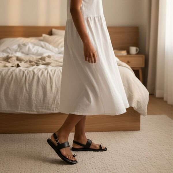 Siyah Hakiki Deri Parmak Arası Arkadan Tokalı Kadın Günlük Sandalet