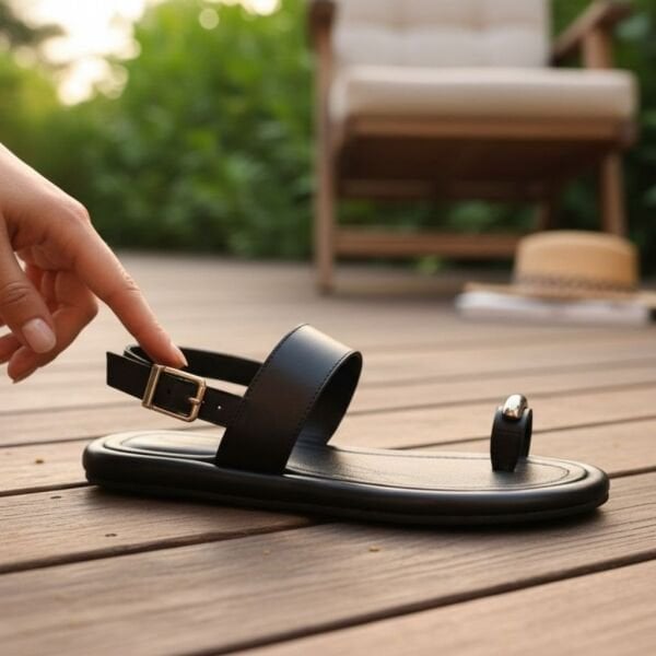 Siyah Hakiki Deri Parmak Arası Arkadan Tokalı Kadın Günlük Sandalet