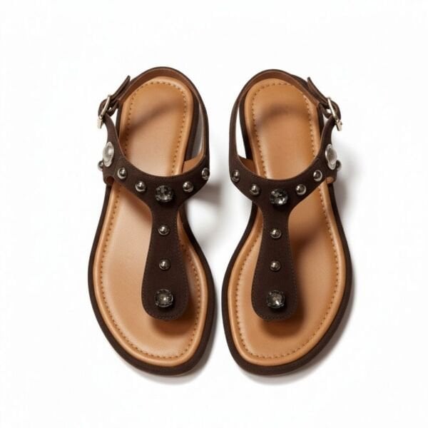 Kahve Süet Hakiki Deri Taş ve Trok Detaylı Parmak Arası Arkadan Tokalı Sandalet