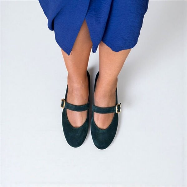 Koyu Yeşil Süet Hakiki Deri Yuvarlak Burunlu Tokalı Kadın Babet