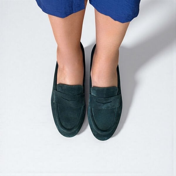 Koyu Yeşil Süet Hakiki Deri Kadın Loafer Ayakkabı