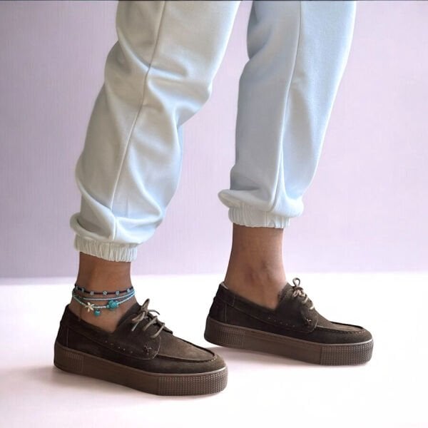 Kahve Süet Hakiki Deri Kadın Günlük Rahat Bağcıklı Ayakkabı