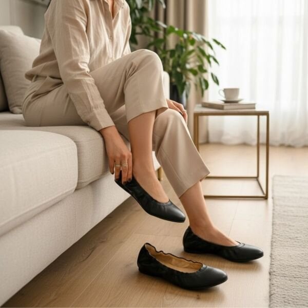 Siyah Hakiki Deri Ağzı Büzgü Lastikli Kadın Rahat Babet