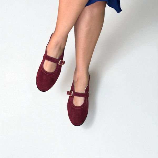 Bordo Süet Hakiki Deri Tokalı Kadın Babet