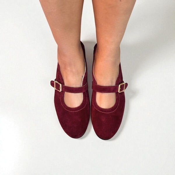 Bordo Süet Hakiki Deri Tokalı Kadın Babet