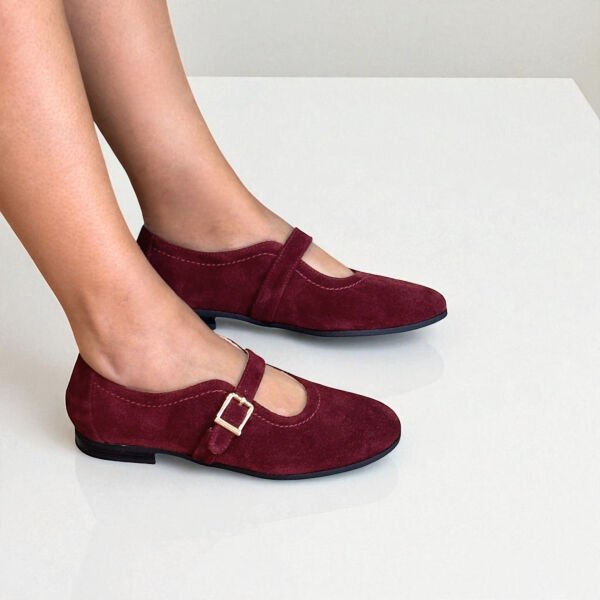 Bordo Süet Hakiki Deri Tokalı Kadın Babet