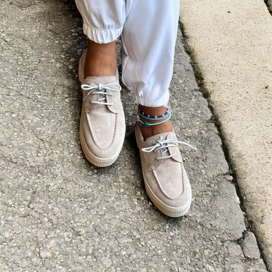 Bej Süet Hakiki Deri Kadın Günlük Rahat Bağcıklı Ayakkabı
