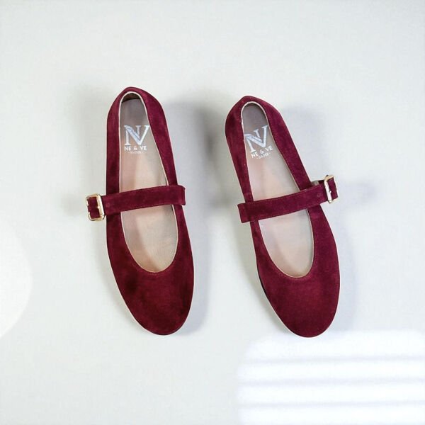 Bordo Süet Hakiki Deri Yuvarlak Burunlu Tokalı Kadın Babet