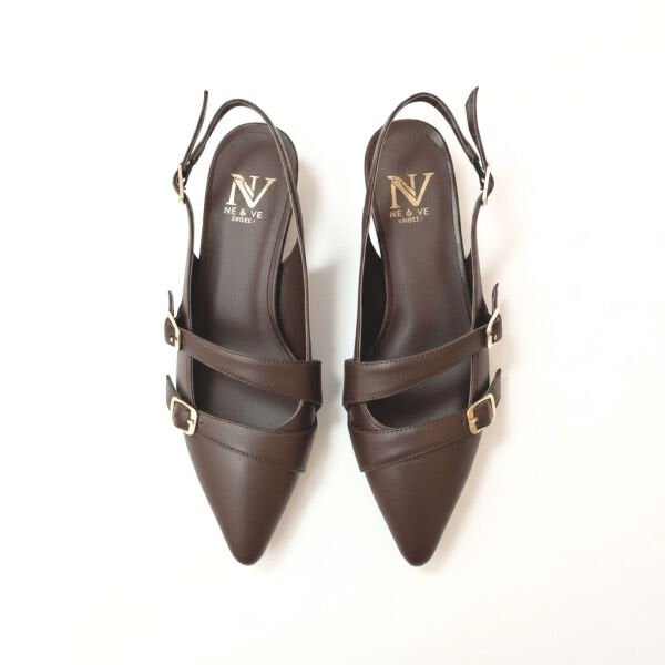 Kahve Deri Üç Tokalı Kadın Sivri Burun Babet