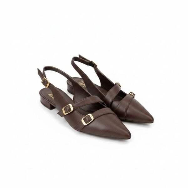 Kahve Deri Üç Tokalı Kadın Sivri Burun Babet