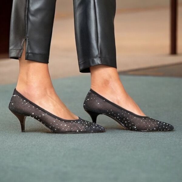 Siyah File Taş Detaylı Sivri Burun Kadın Topuklu Ayakkabı