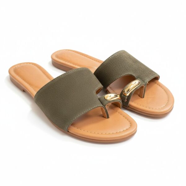 Haki Süet Hakiki Deri Tokalı Parmak Arası Kadın Şık ve Rahat Terlik