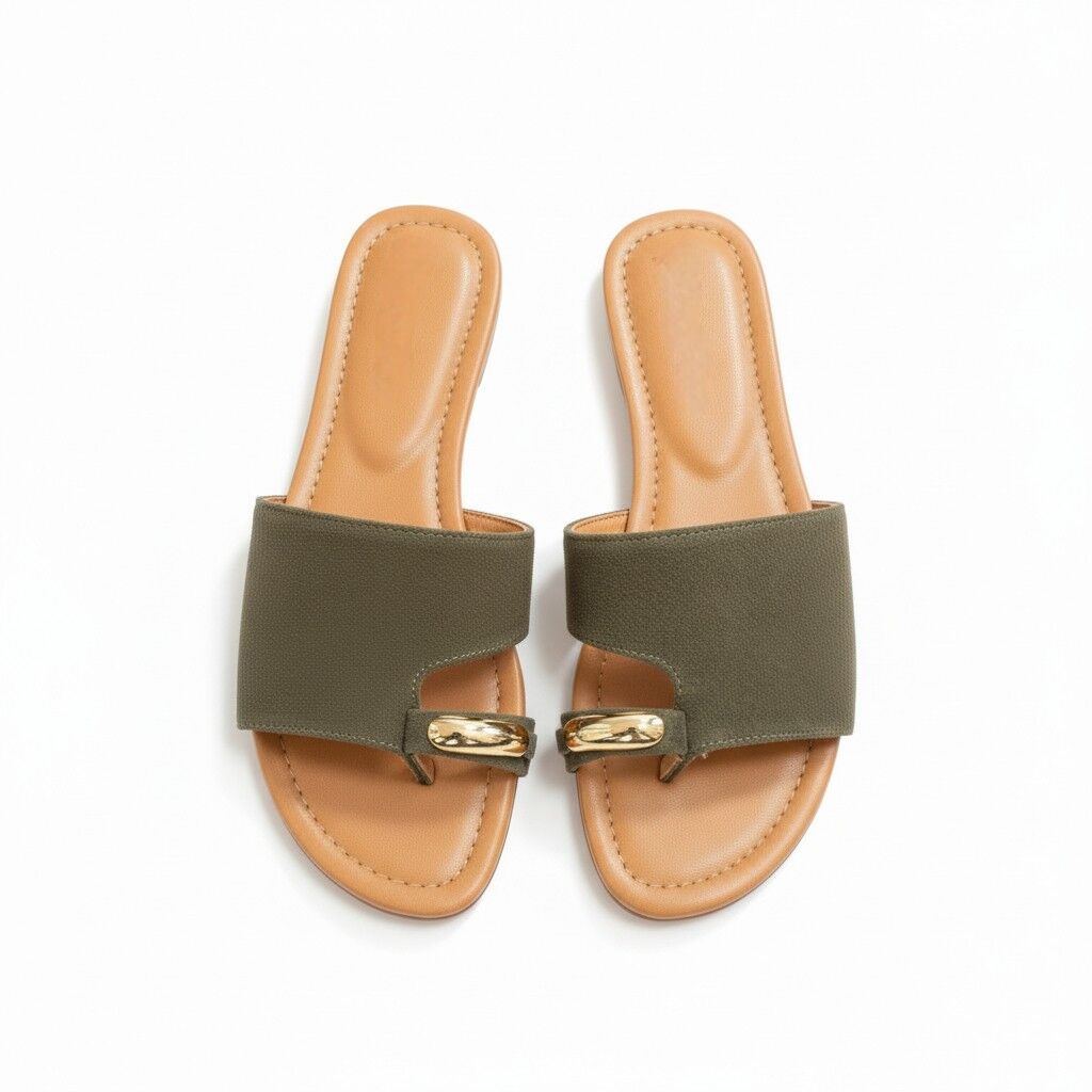 Haki Süet Hakiki Deri Tokalı Parmak Arası Kadın Şık ve Rahat Terlik