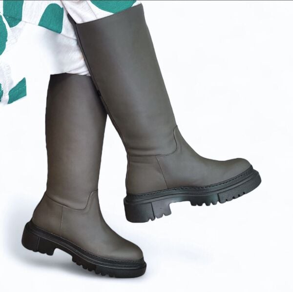 Haki Mat Deri Diz Altı Kadın Günlük Çizme