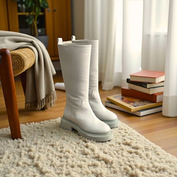 Bej Mat Deri Diz Altı Kadın Günlük Çizme