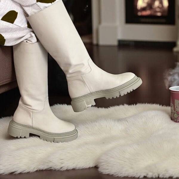 Bej Mat Deri Diz Altı Kadın Günlük Çizme