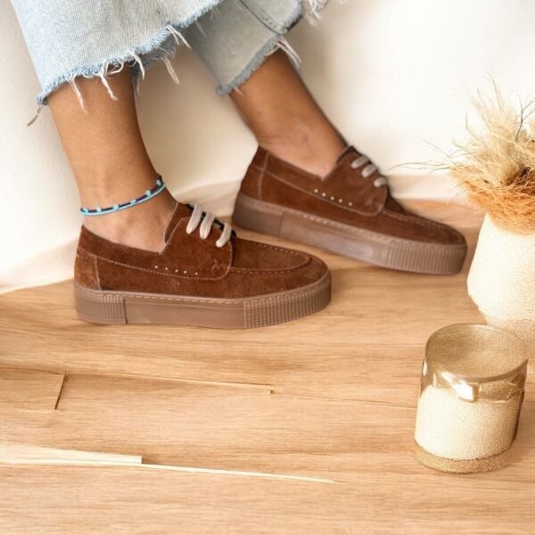 Taba Süet Hakiki Deri Kadın Günlük Rahat Bağcıklı Ayakkabı