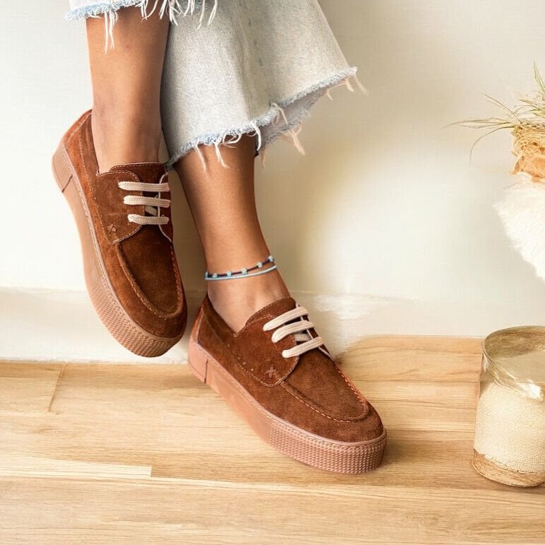 Taba Süet Hakiki Deri Kadın Günlük Rahat Bağcıklı Ayakkabı