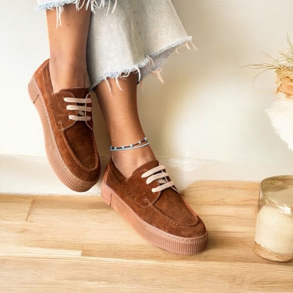 Taba Süet Hakiki Deri Kadın Günlük Rahat Bağcıklı Ayakkabı