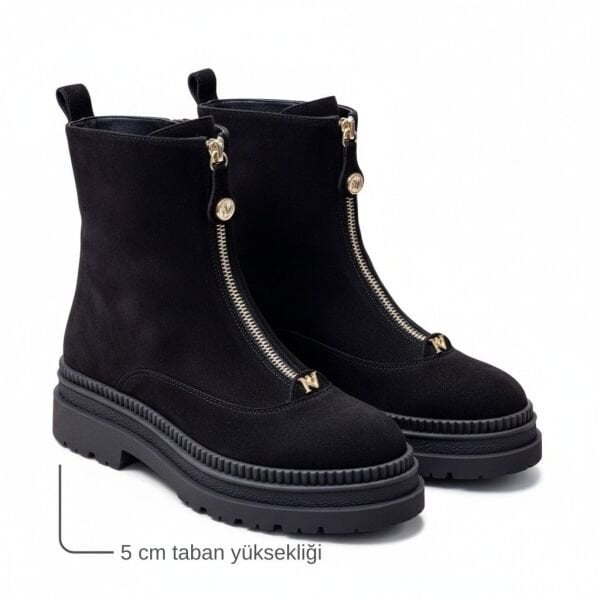 Siyah Süet Hakiki Deri Gold Aklsesuarlı Önden Metal Fermuarlı Kadın Kalın Tabanlı Bot