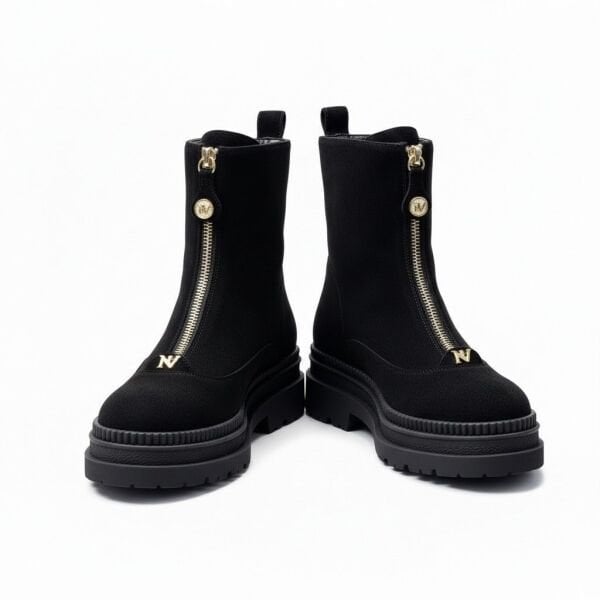 Siyah Süet Hakiki Deri Gold Aklsesuarlı Önden Metal Fermuarlı Kadın Kalın Tabanlı Bot