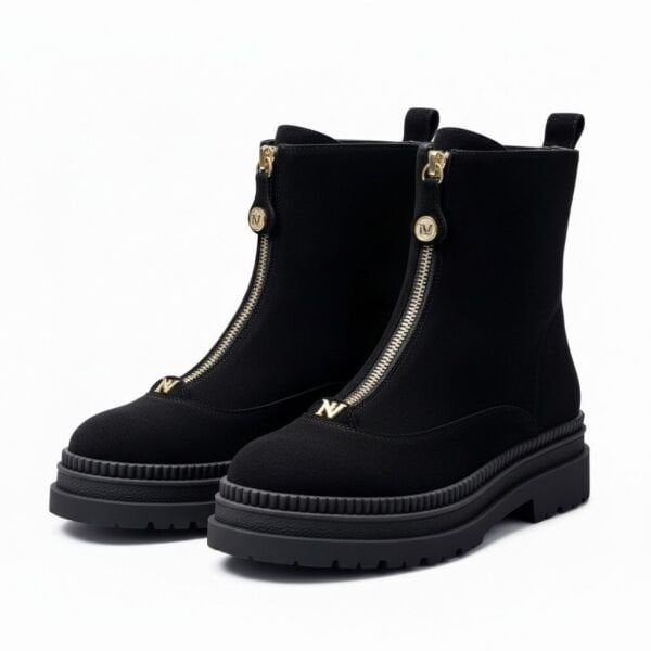 Siyah Süet Hakiki Deri Gold Aklsesuarlı Önden Metal Fermuarlı Kadın Kalın Tabanlı Bot