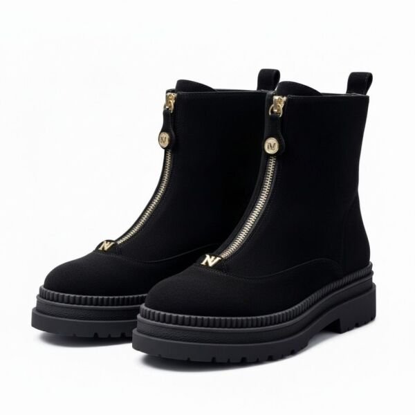 Siyah Süet Hakiki Deri Gold Aklsesuarlı Önden Metal Fermuarlı Kadın Kalın Tabanlı Bot