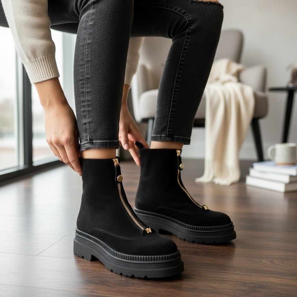 Siyah Süet Hakiki Deri Gold Aklsesuarlı Önden Metal Fermuarlı Kadın Kalın Tabanlı Bot