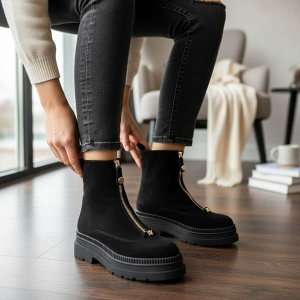 Siyah Süet Hakiki Deri Gold Aklsesuarlı Önden Metal Fermuarlı Kadın Kalın Tabanlı Bot