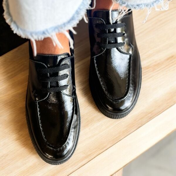 Siyah Kırışık Rugan Hakiki Deri Kadın Günlük Rahat Bağcıklı Ayakkabı