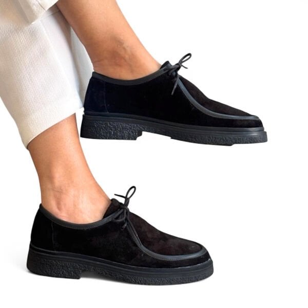 Siyah Süet Hakiki Deri Bağcıklı Kadın Ayakkabı