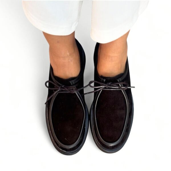 Siyah Süet Hakiki Deri Bağcıklı Kadın Ayakkabı