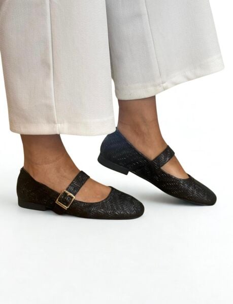 Siyah Hakiki Deri Örgü Desen Baskılı Kare Burunlu Tek Bantlı Kadın Şık ve Rahat Babet