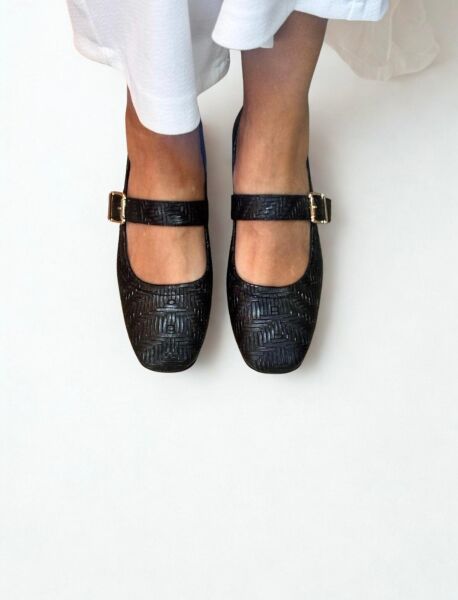 Siyah Hakiki Deri Örgü Desen Baskılı Kare Burunlu Tek Bantlı Kadın Şık ve Rahat Babet