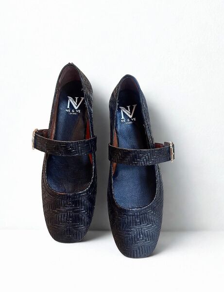 Siyah Hakiki Deri Örgü Desen Baskılı Kare Burunlu Tek Bantlı Kadın Şık ve Rahat Babet