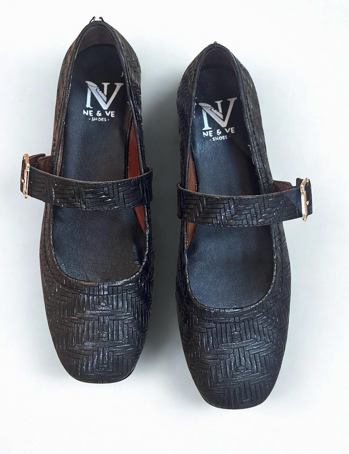 Siyah Hakiki Deri Örgü Desen Baskılı Kare Burunlu Tek Bantlı Kadın Şık ve Rahat Babet