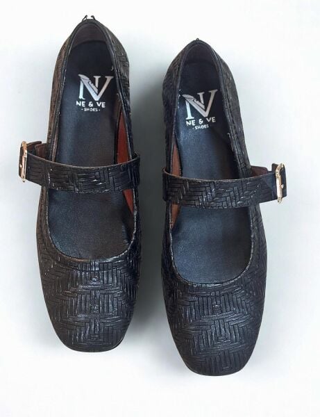 Siyah Hakiki Deri Örgü Desen Baskılı Kare Burunlu Tek Bantlı Kadın Şık ve Rahat Babet