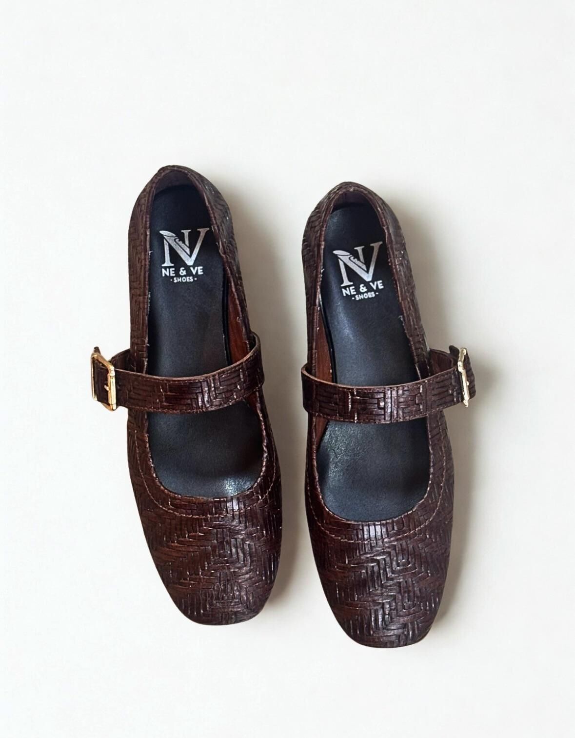 Kahve Hakiki Deri Örgü Desen Baskılı Kare Burunlu Tek Bantlı Kadın Şık ve Rahat Babet