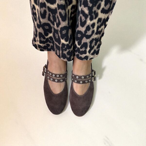 Kahve Süet Hakiki Deri Kadın Çift Kapsüllü Babet