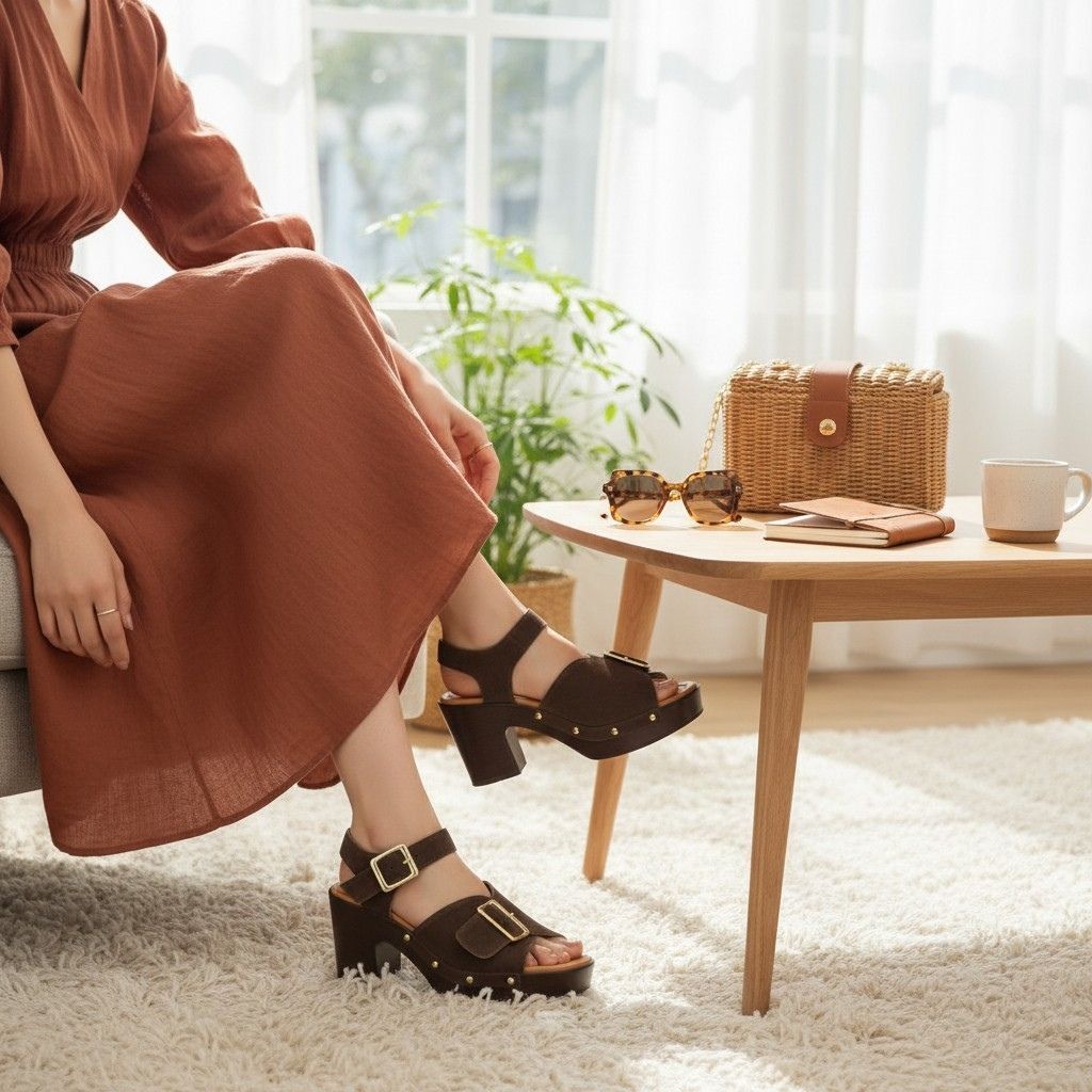 Kahve Süet Hakiki Deri Hafif Tabanlı Tokalı Kadın Takunya Terlik