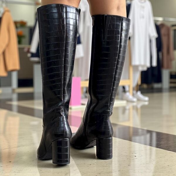 Siyah Deri Kroko Baskı Diz Altı İçten Fermuarlı Kadın Kalın Topuklu Çizme
