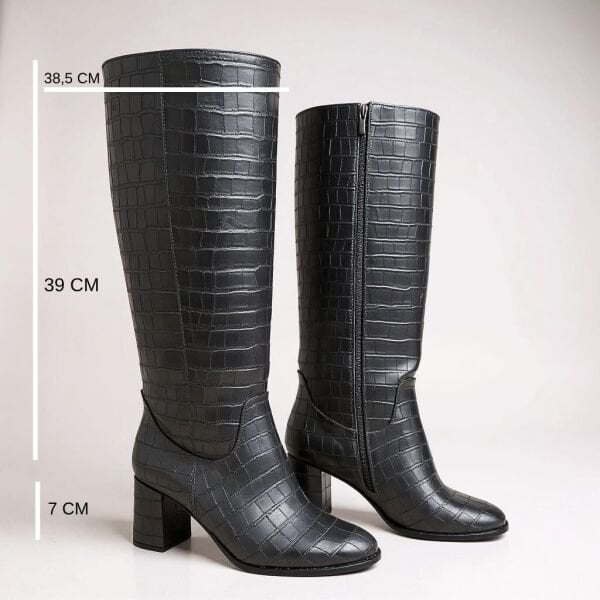 Siyah Deri Kroko Baskı Diz Altı İçten Fermuarlı Kadın Kalın Topuklu Çizme