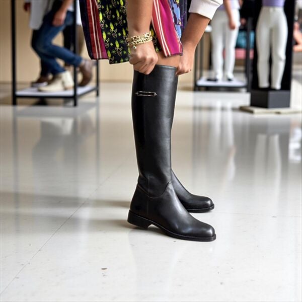 Siyah Deri Diz Altı Tokalı Kadın İçten Fermuarlı Günlük Binici Çizme