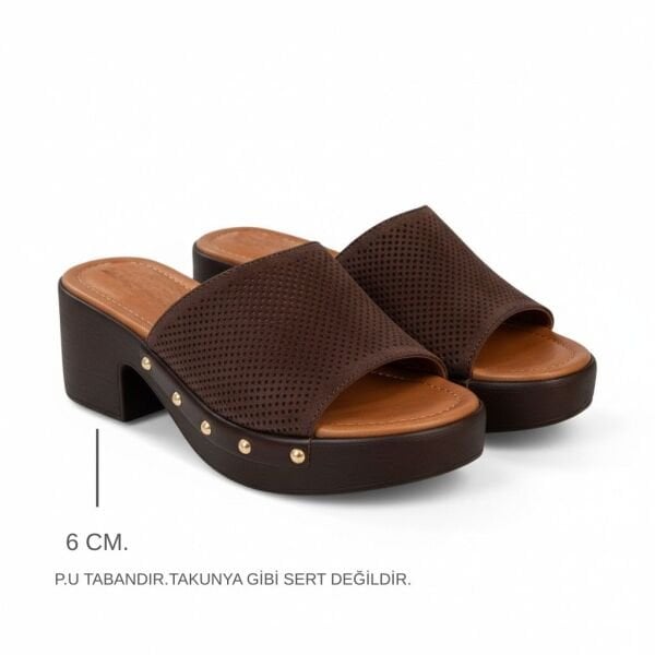 Kahve Süet Hakiki Deri Hafif Tabanlı İğne Zımba Detaylı Kadın Takunya Terlik