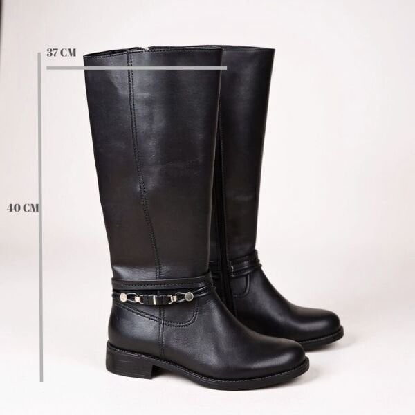 Siyah Deri Diz Altı Biletkten Atkılı Kadın İçten Fermuarlı Binici Çizme