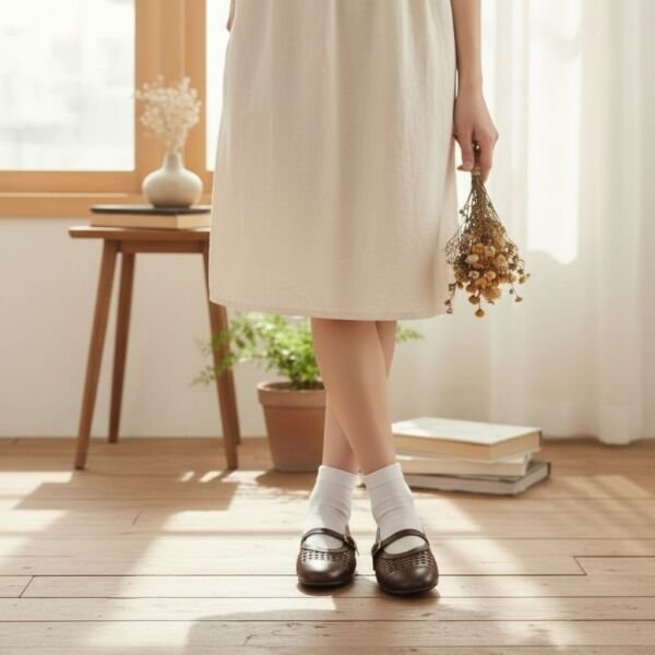 Kahve Deri Biye Örgü Detaylı Tokalı Kadın Babet