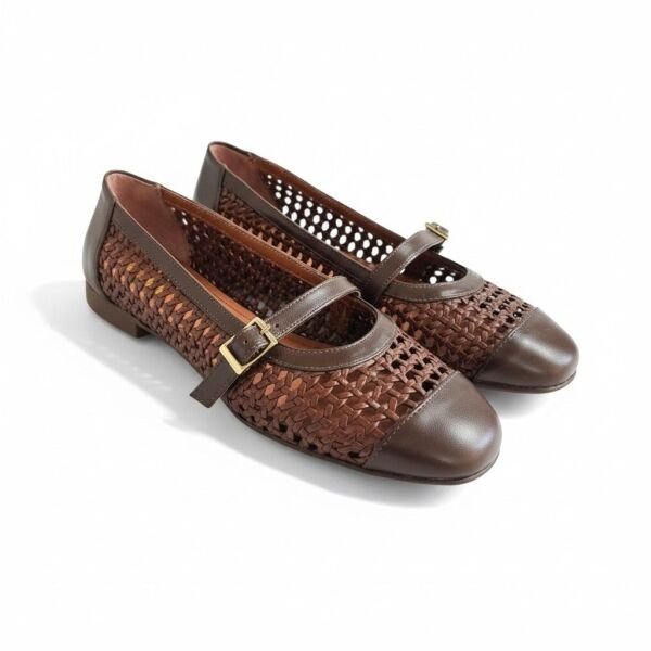 Kahve Deri Biye Örgü Detaylı Tokalı Kadın Babet