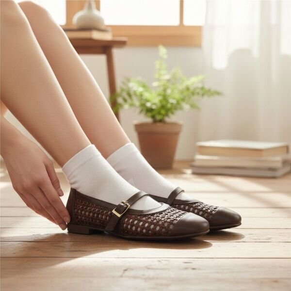 Kahve Deri Biye Örgü Detaylı Tokalı Kadın Babet