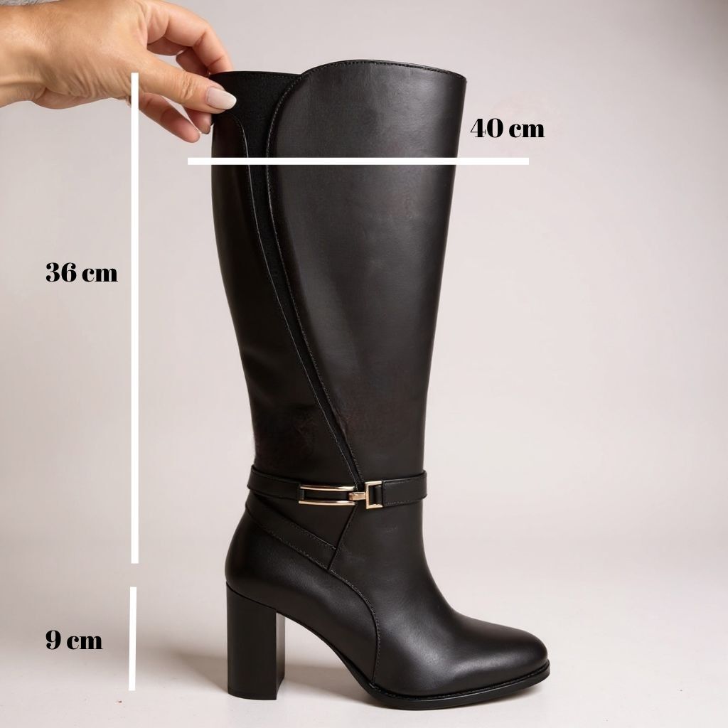 Siyah Deri Lastik Detaylı Tokalı Kadın Kalın Topuklu Çizme